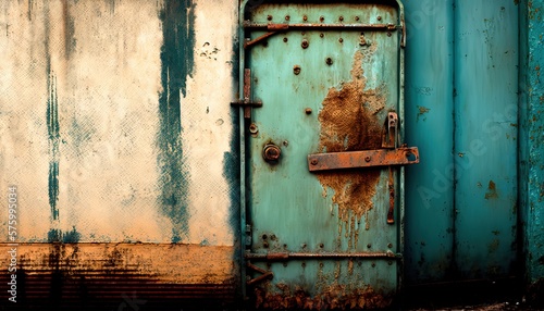 blue rusted metal door of old container, idea for abstract background , Generative Ai