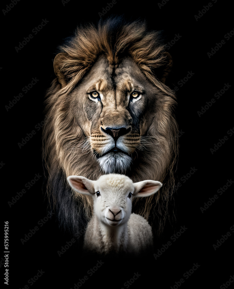  The Lion and the Lamb together.  Image on black background created with generative ai.