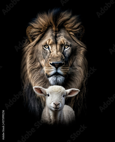 The Lion and the Lamb together. Image on black background created with generative ai.