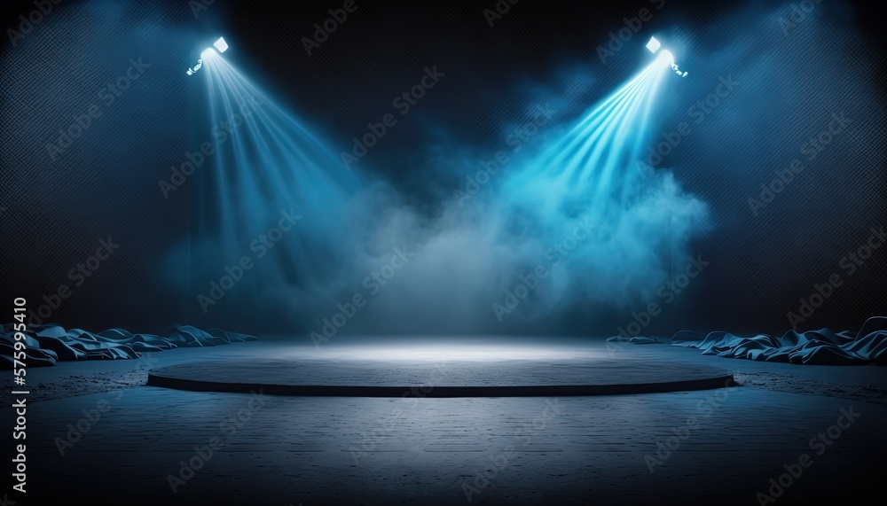 blue spotlights shine on stage floor in dark room, idea for background, backdrop, mock up, Generative Ai	
 - obrazy, fototapety, plakaty 