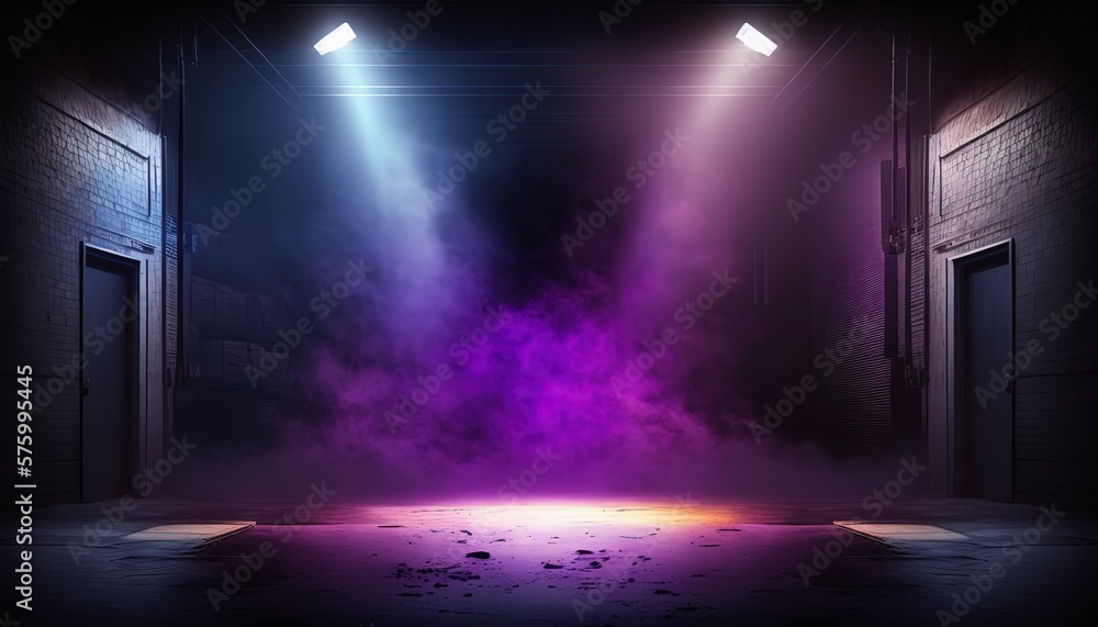 pink purple  spotlights shine on stage floor in dark room, idea for background, backdrop, mock up, Generative Ai	
