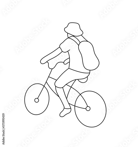 Vector isolated one single man with backpack riding bicycle colorless black and white contour line easy drawing