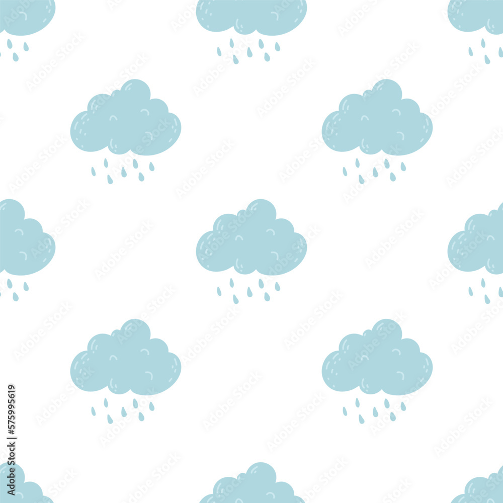 Cute cartoon cloud seamless pattern with rain drop, grey background, vector illustration. Flat Design Autumn Seamless Raincloud Pattern.