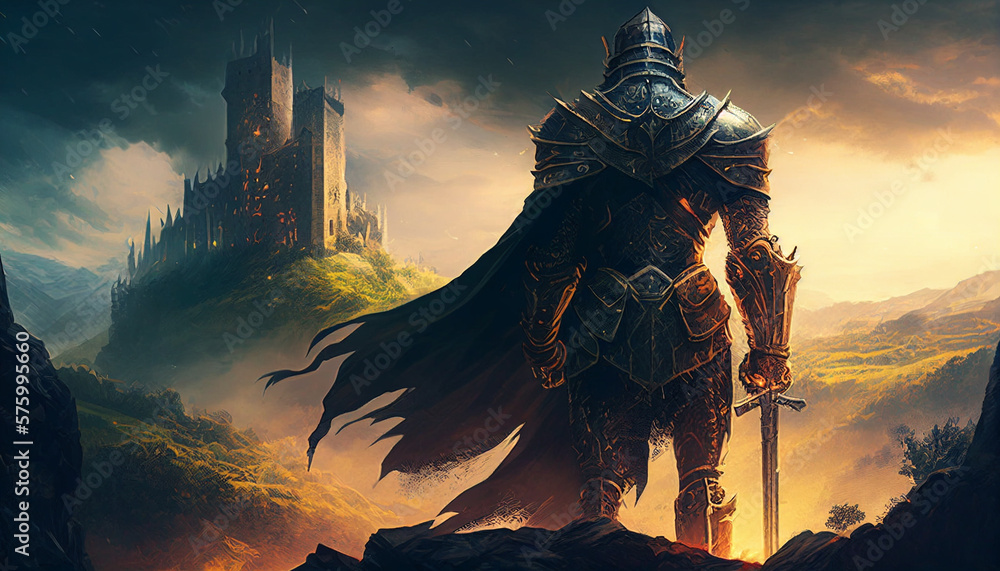 Knight standing in front of a medival fortress Knight standing in front of a medival fortress