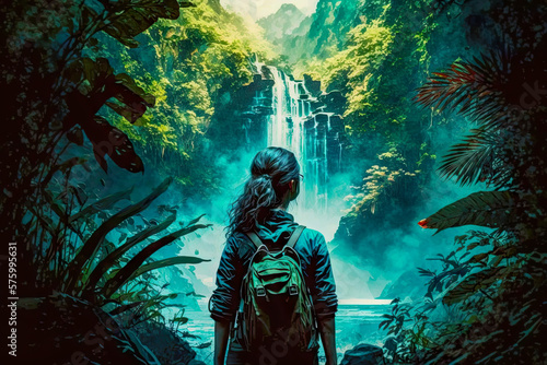 woman in front of waterfall in a tropical forest