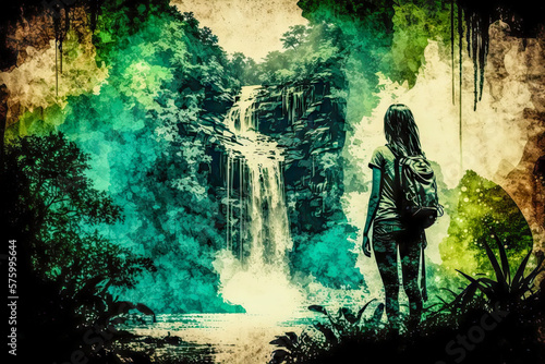woman in front of waterfall in a tropical forest
