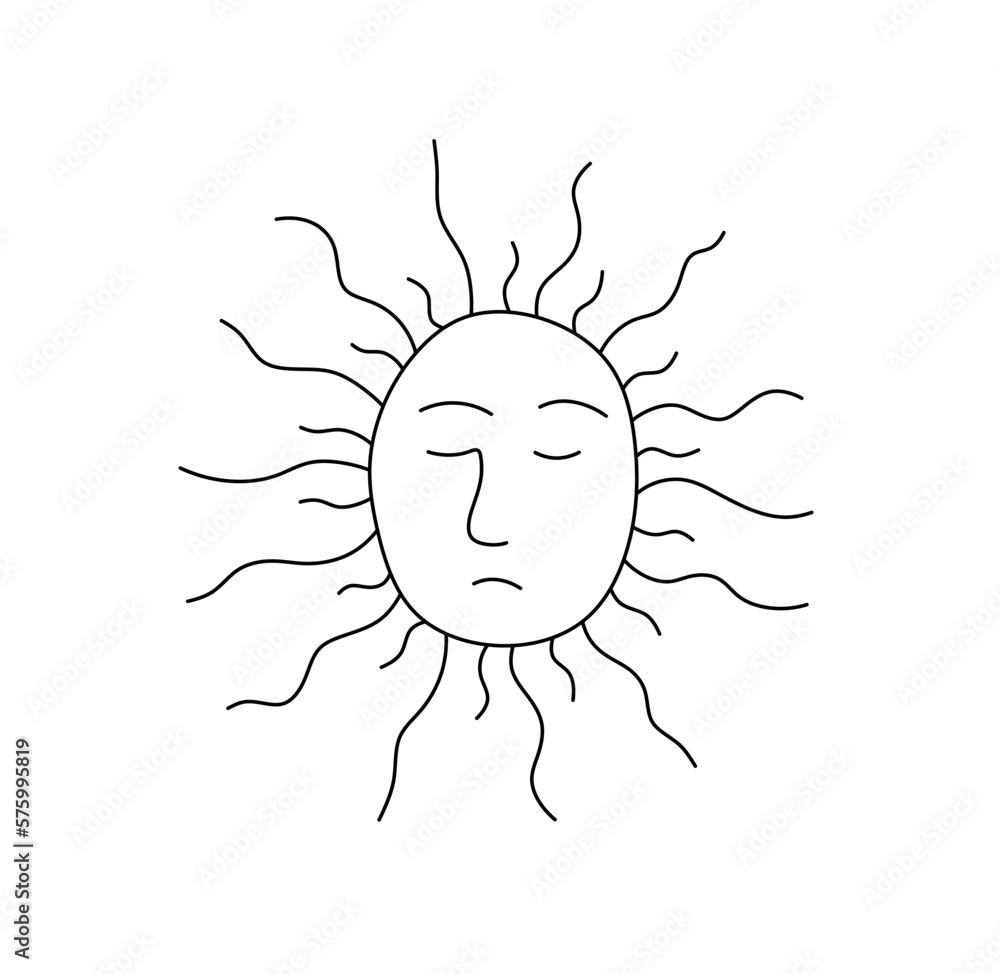 Vector isolated one single sleeping sun with closed eyes nose lips wavy rays colorless black and white contour line easy drawing Vector isolated one single sleeping sun with closed eyes nose lips wavy rays colorless black and white contour line easy drawing
