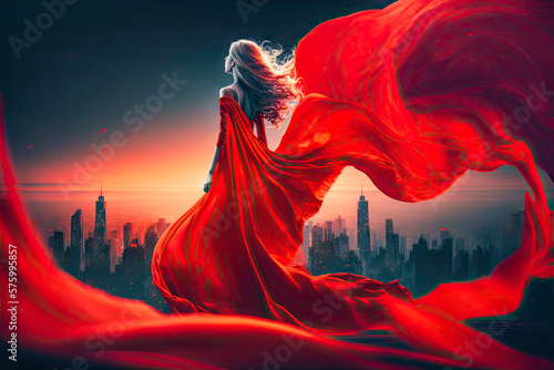 back of the woman in red dress on the city background