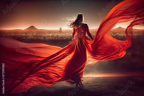 back of the woman in red dress on the city background