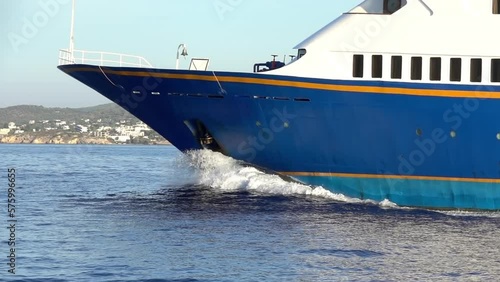Prow of a Large Yacht and Sea Foam. Slow Motion