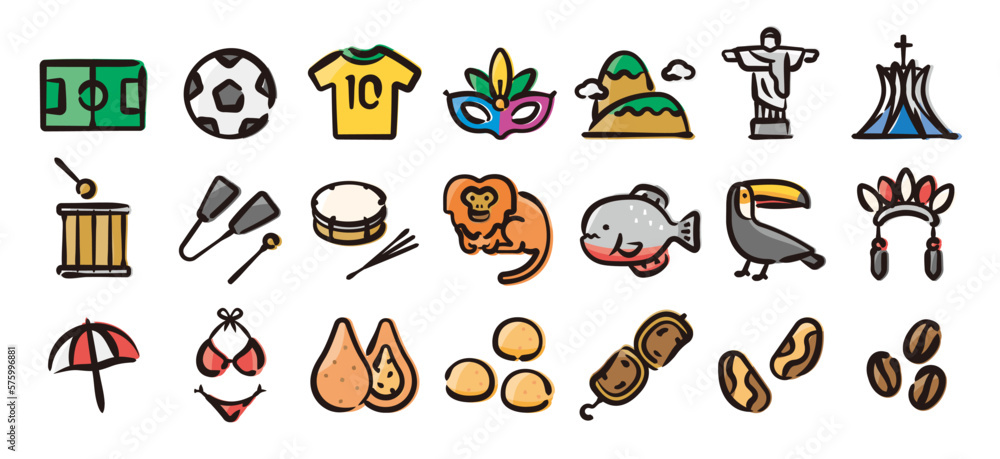 Brazil icon set (Hand-drawn line, colored version) Brazil icon set (Hand-drawn line, colored version)
