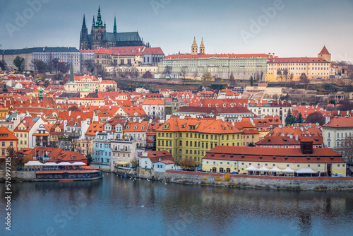 Panoramic view over the cityscape of Prague at dramatic sunset, Czech Republic