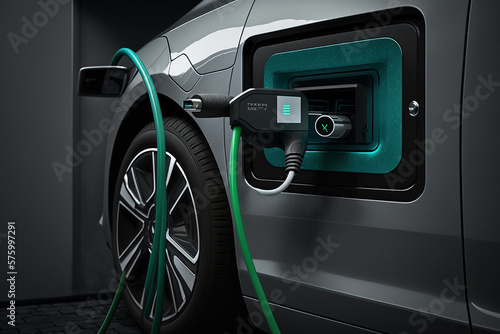 Electric Vehicle Charging and Socket Detail with EV charger connected to a charging station. Ai generated