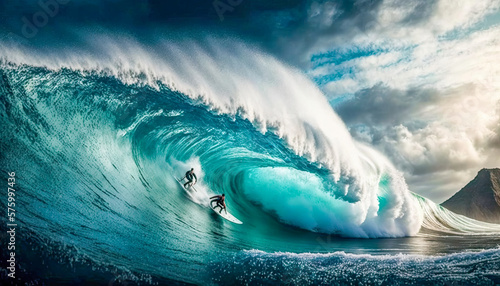 surfers on the big wave