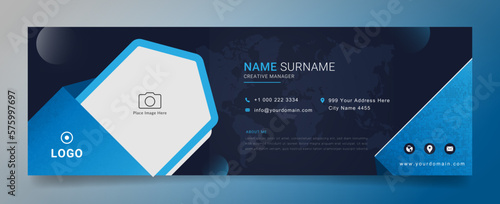 Business email signature with an author photo place modern and minimal layout with black background, cyan shape text color