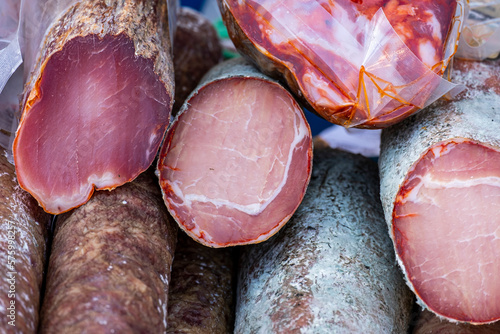 Sausage of delicious naturally cured Iberico pork loin in a street market