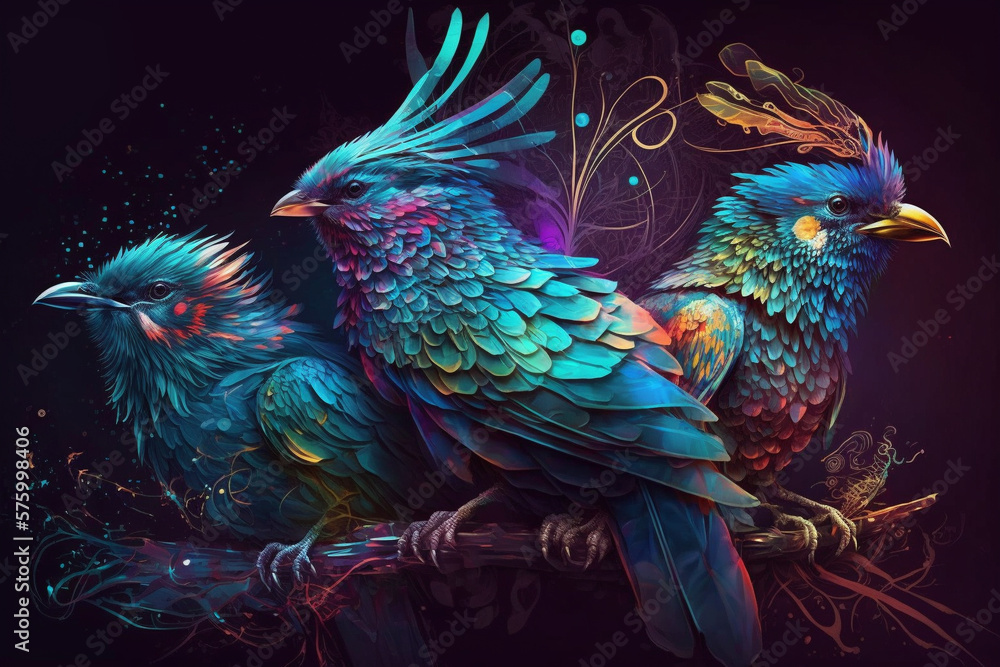Obraz premium Exotic birds with detailed, vibrant feathers that radiate a bright pallete of colors. Each bird is unique and fantastic, with intricate patterns and textures. Ai generated