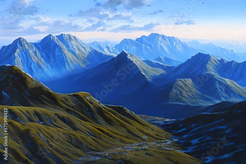 A blue mountain painting, a beautiful landscape hand painting in image design. Generative AI