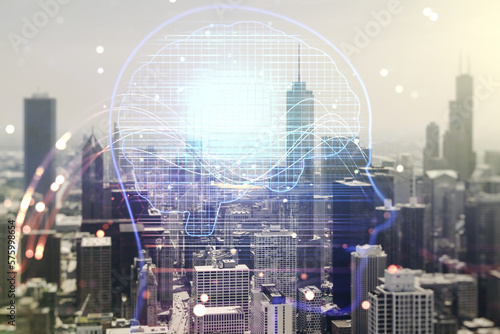 Double exposure of creative human head microcircuit hologram on Chicago office buildings background. Future technology and AI concept