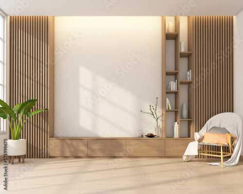 Fototapete Modern japan style living room decorated with minimalist tv cabinet and bookshelf, white wall and wood slat wall