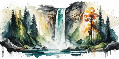 Watercolor waterfall landscape, paiting style mountains falls backdrop poster, generative ai photo