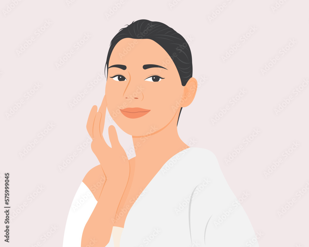 Beautiful young woman taking care of her facial skin.Happy with young facial skin.Vector illustration concept of beauty or wellness. Beautiful young woman taking care of her facial skin.Happy with young facial skin.Vector illustration concept of beauty or wellness.