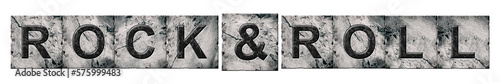 Rock and Roll. Words on a stone blocks. Isolated on white background. Direction in music. Musical style. Design