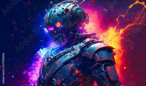 A fantastical portrait of a robot bursts with color, as if the cosmos itself exploded into a stunning digital canvas