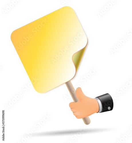 A cartoon hand holds a poster. Empty frame, free space for copying. Template for text and image.
Vector drawing, 3d.