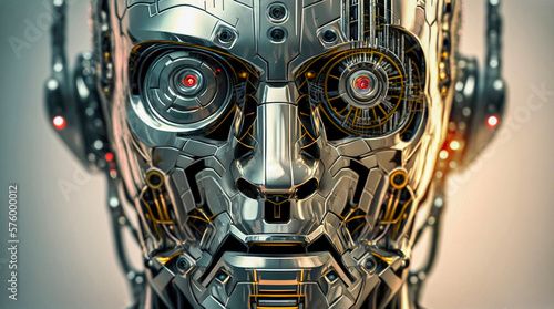 Closeup portrait of a humanoid robot with exposed metal parts. AI generated illustration. photo