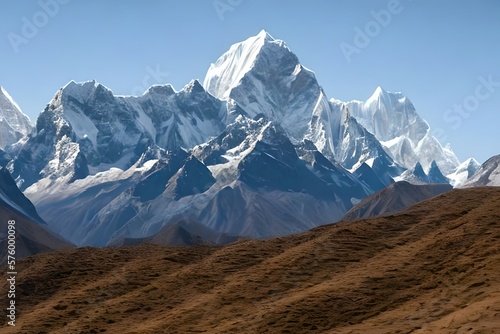 Beautiful cholatse mountains in khumbu, Nepal, seen from a distance adjacent to a source of water. Generative AI photo