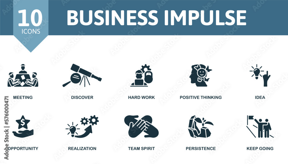 Business Impulse icon set. Monochrome simple Business Impulse icon collection. Meeting, Discover, Hard Work, Positive Thinking, Idea, Opportunity, Realization, Team Spirit, Persistence, Keep Going