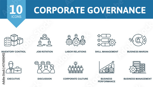 Corporate Governance icon set. Monochrome simple Corporate Governance icon collection. Inventory Control, Job Rotation, Labor Relations, Skill Management, Business Margin, Executive, Discussion