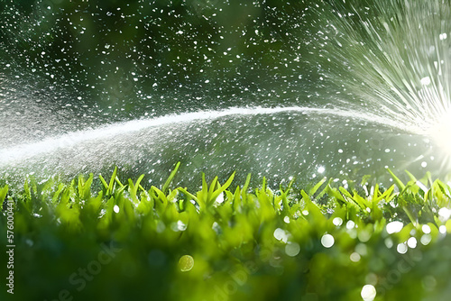 Water splash spray at the grass or garden field could be from hose or garden sprinkler. Watering the plant.