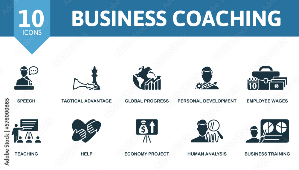 Business Coaching icon set. Monochrome simple Business Coaching icon collection. Speech, Tactical Advantage, Global Progress, Personal Development, Employee Wages, Teaching, Help, Economy Project