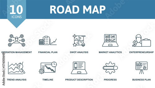 Road Map icon set. Monochrome simple Road Map icon collection. Operation Management, Financial Plan, Swot Analysis, Market Analytics, Enterpreneursship, Trend Analysis, Timeline, Product Description
