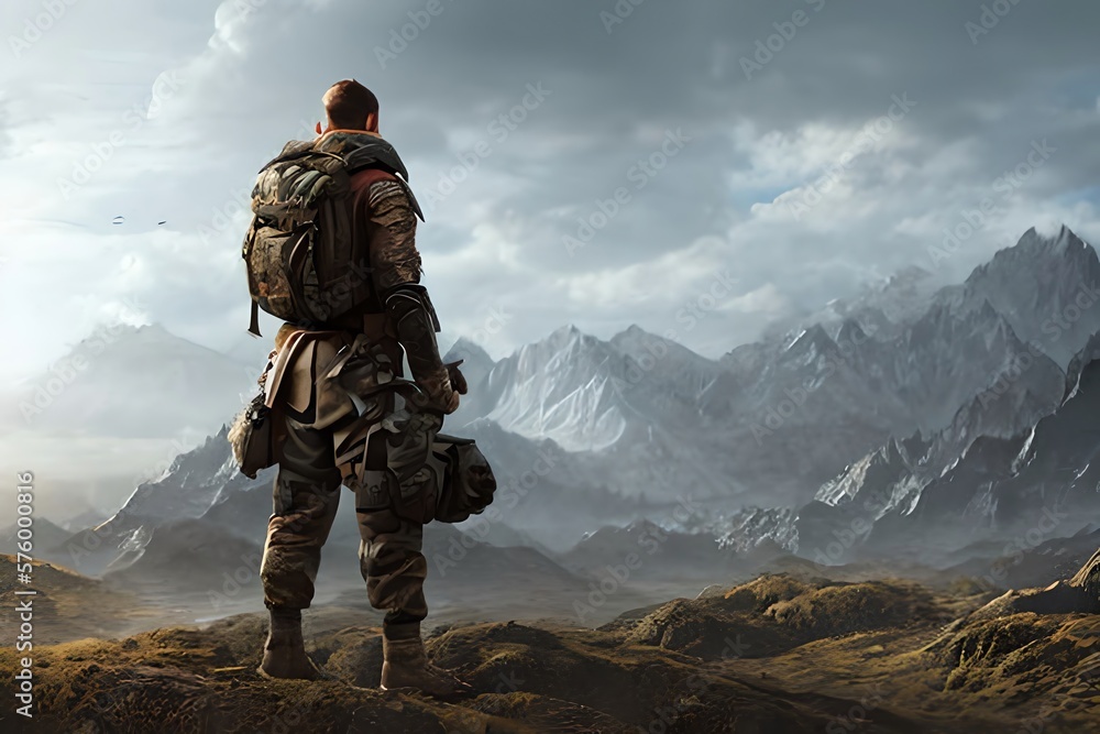 Conceptual image of a man with backpack. Generative AI Conceptual image of a man with backpack. Generative AI