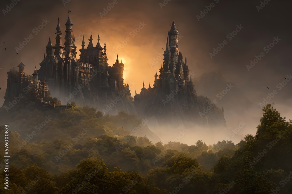 Naklejka premium Dark castle in the valley, dark atmosphere of hell. Generative AI