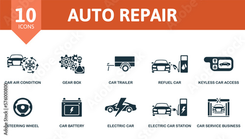 Auto Repair icon set. Monochrome simple Auto Repair icon collection. Air Condition, Gear Box, Car Trailer, Refuel , Keyless Car Access, Steering Wheel, Car Battery, Electric Car, Electric Car Station