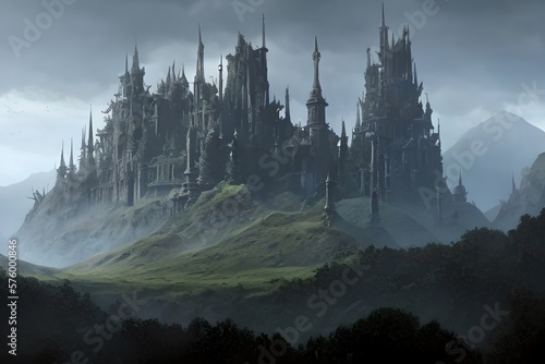 Dark castle in the valley, dark atmosphere of hell. Generative AI