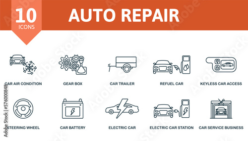 Auto Repair icon set. Monochrome simple Auto Repair icon collection. Car Air Condition, Gear Box, Car Trailer, Refuel Car, Keyless Car Access, Steering Wheel, Car Battery, Electric Car, Electric Car