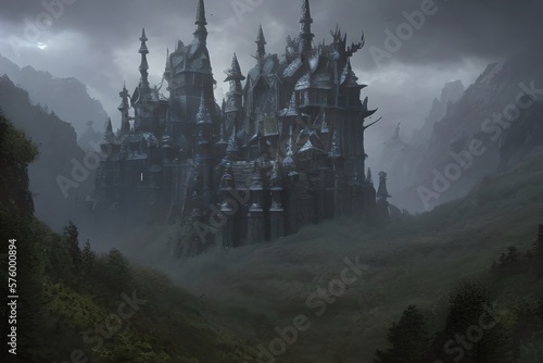 Dark castle in the valley, dark atmosphere of hell. Generative AI