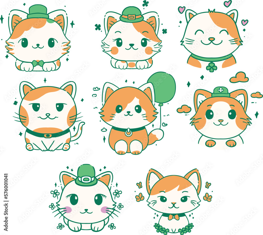 A Set Of Cute Cat Faces Wearing St Patrick's Costume Illustrations