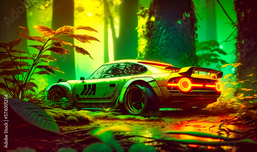 A sleek retro sports car glows with neon accents, channeling the bold style of a cyberpunk future