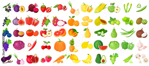 Fototapeta Naklejka Na Ścianę i Meble -  A large mega set of vegetables and fruits in a juicy cartoon style. The concept of healthy food and products. A bright element for your design.