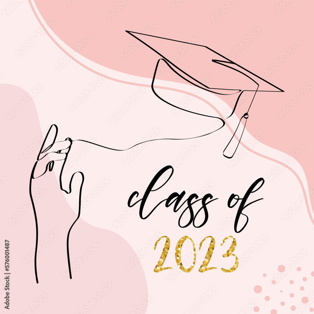 Class of 2023. One line art with student tossing up his graduation cap. Trendy one line draw design graphic vector illustration.
