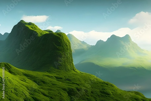 Isolated green floating island with mountain and waterfall flying high in the sky. Generative AI