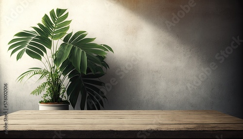 empty wooden table top with a blurry background with tropical plants background