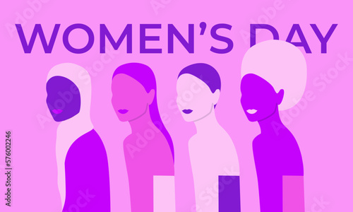 Women's Day poster. Strong women and girls different nationalities and cultures stand together. Females for feminism, independence, sisterhood, empowerment, activism for women rights. Vector EPS 10