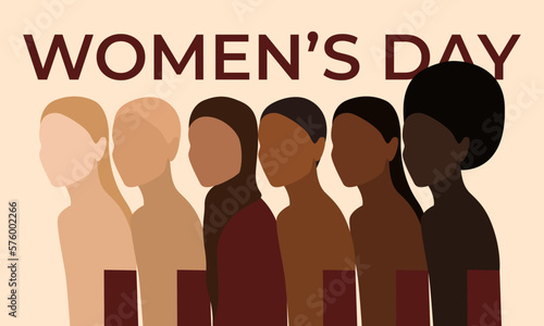 Women's Day poster. Strong women and girls different nationalities and cultures stand together. Females for feminism, independence, sisterhood, empowerment, activism for women rights. Vector EPS 10